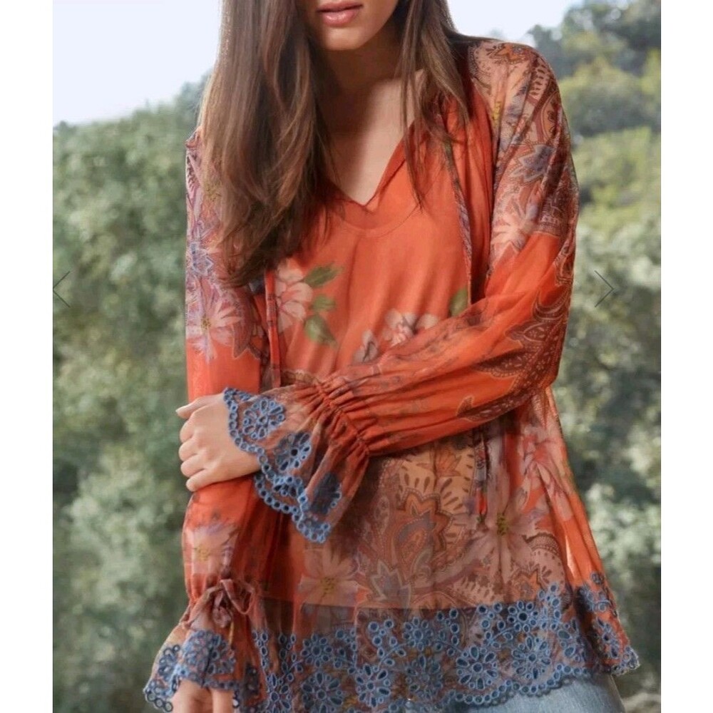 JOHNNY WAS BIYA Paisley Mesh Embroidered Eyelet Trim Peasant Boho Blouse - L